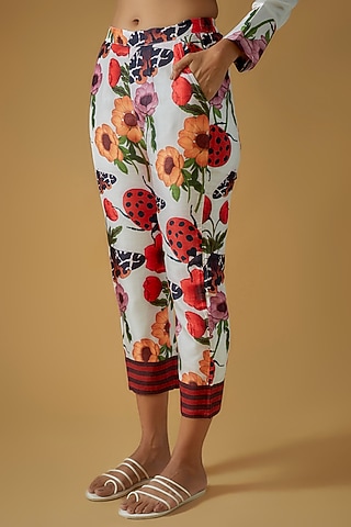 White Silk Floral Printed Pants by Sar kandy