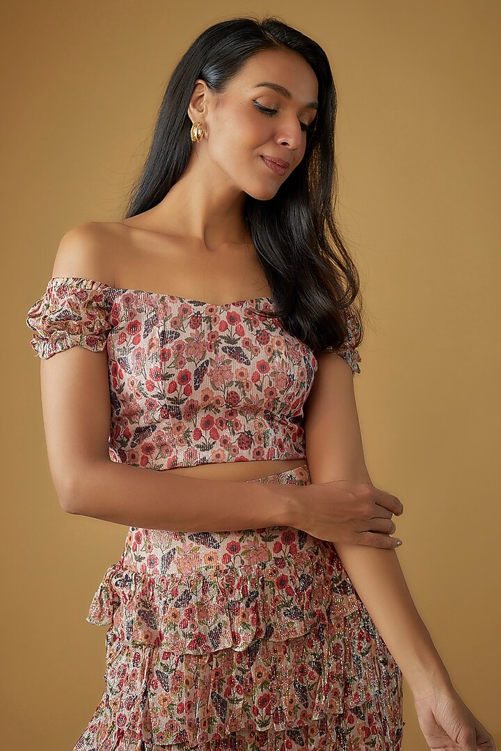 Pink Viscose Lurex Floral Printed Skirt Set by Sar kandy at Pernia's Pop Up Shop