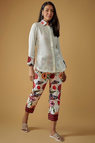White Silk Cotton Floral Printed Co-Ord Set by Sar kandy