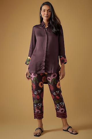 Maroon Silk Cotton Floral Printed Co-Ord Set by Sar kandy