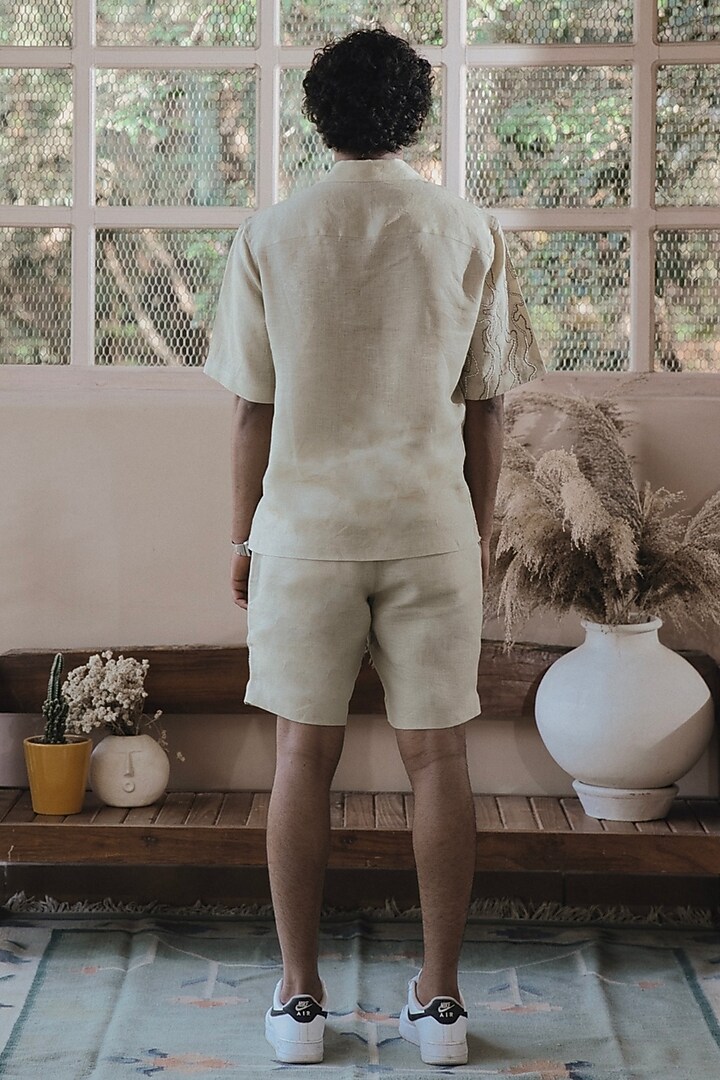 Beige Italian Linen Thread Embroidered Co-Ord Set by SARAN KOHLI at Pernia's Pop Up Shop