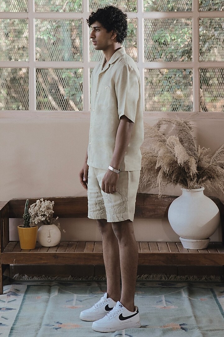 Beige Italian Linen Thread Embroidered Co-Ord Set by SARAN KOHLI at Pernia's Pop Up Shop