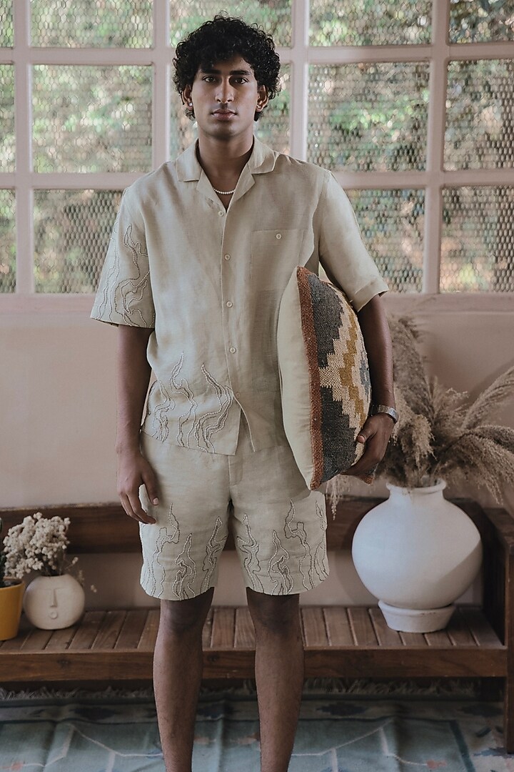 Beige Italian Linen Thread Embroidered Co-Ord Set by SARAN KOHLI at Pernia's Pop Up Shop