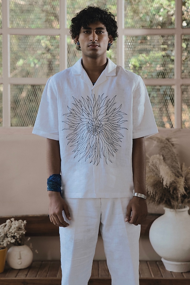 White Italian Linen Embroidered Shirt by SARAN KOHLI at Pernia's Pop Up Shop