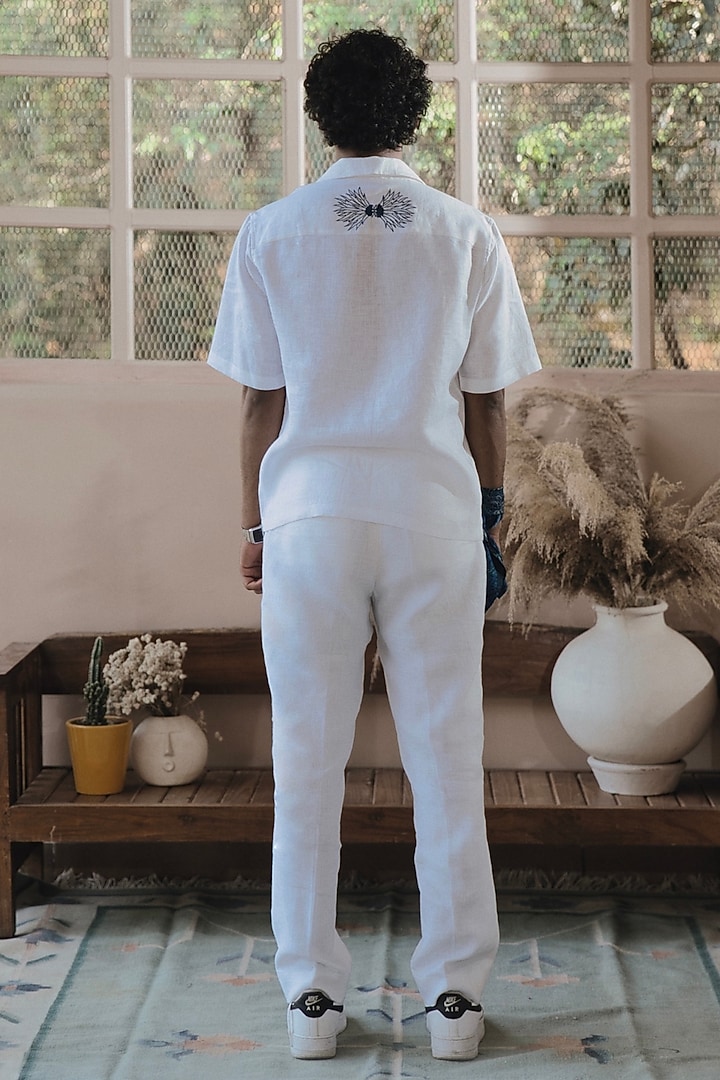 White Italian Linen Embroidered Party Wear Shirt by SARAN KOHLI at Pernia's Pop Up Shop