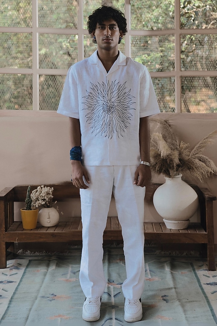 White Italian Linen Embroidered Party Wear Shirt by SARAN KOHLI at Pernia's Pop Up Shop