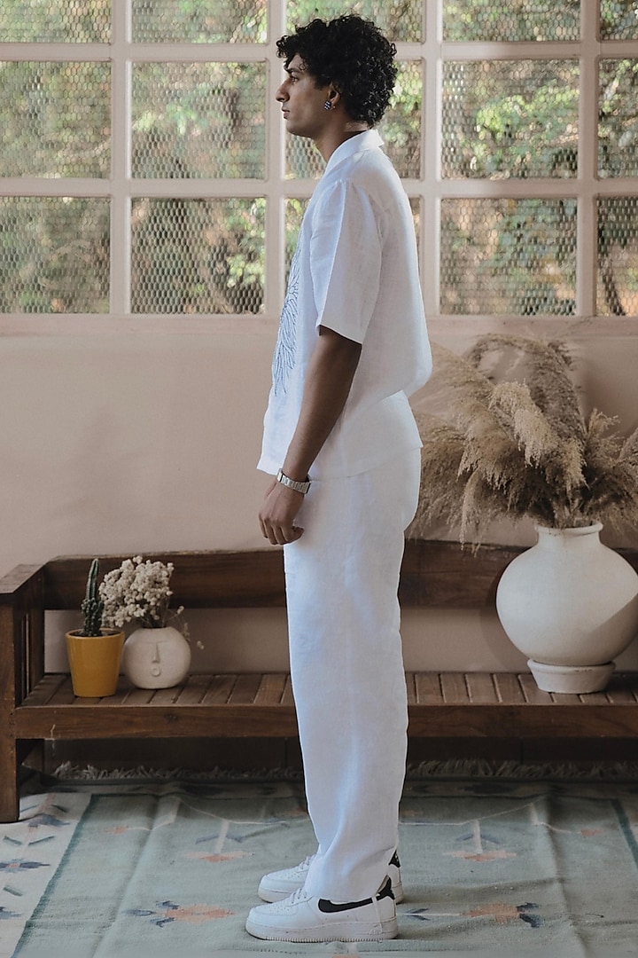 White Italian Linen Embroidered Party Wear Shirt by SARAN KOHLI at Pernia's Pop Up Shop