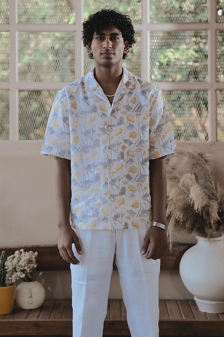 Ivory Italian Linen Floral Digital Printed Shirt by SARAN KOHLI