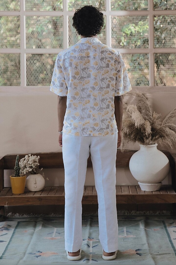 Ivory Italian Linen Floral Digital Printed Party Wear Shirt by SARAN KOHLI at Pernia's Pop Up Shop