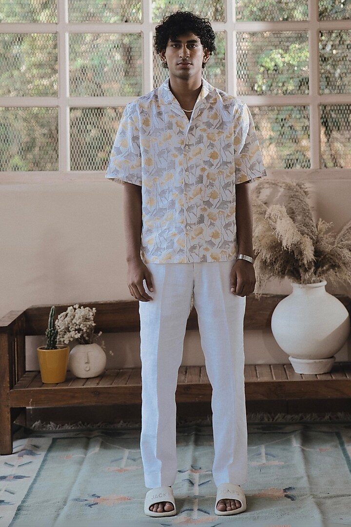 Ivory Italian Linen Floral Digital Printed Party Wear Shirt by SARAN KOHLI at Pernia's Pop Up Shop