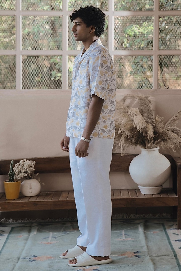 Ivory Italian Linen Floral Digital Printed Party Wear Shirt by SARAN KOHLI at Pernia's Pop Up Shop