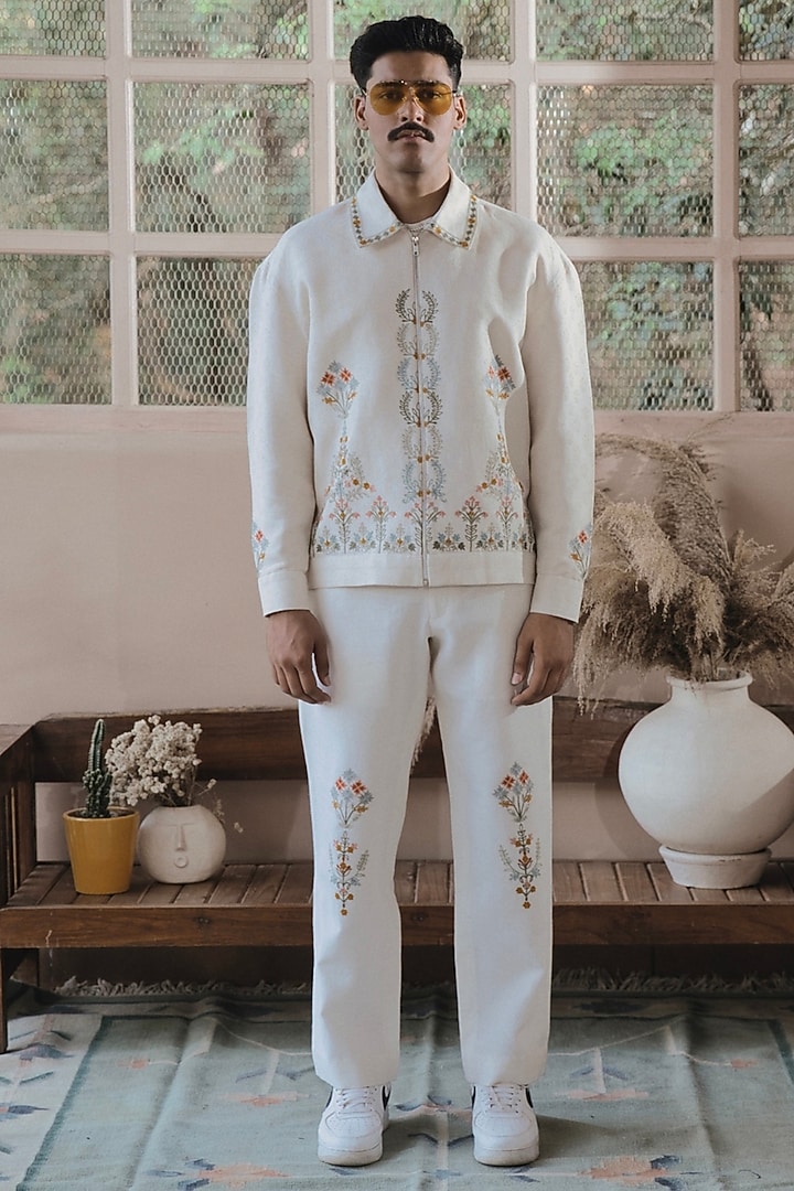 Ivory Monga Silk Embroidered Jacket by SARAN KOHLI at Pernia's Pop Up Shop