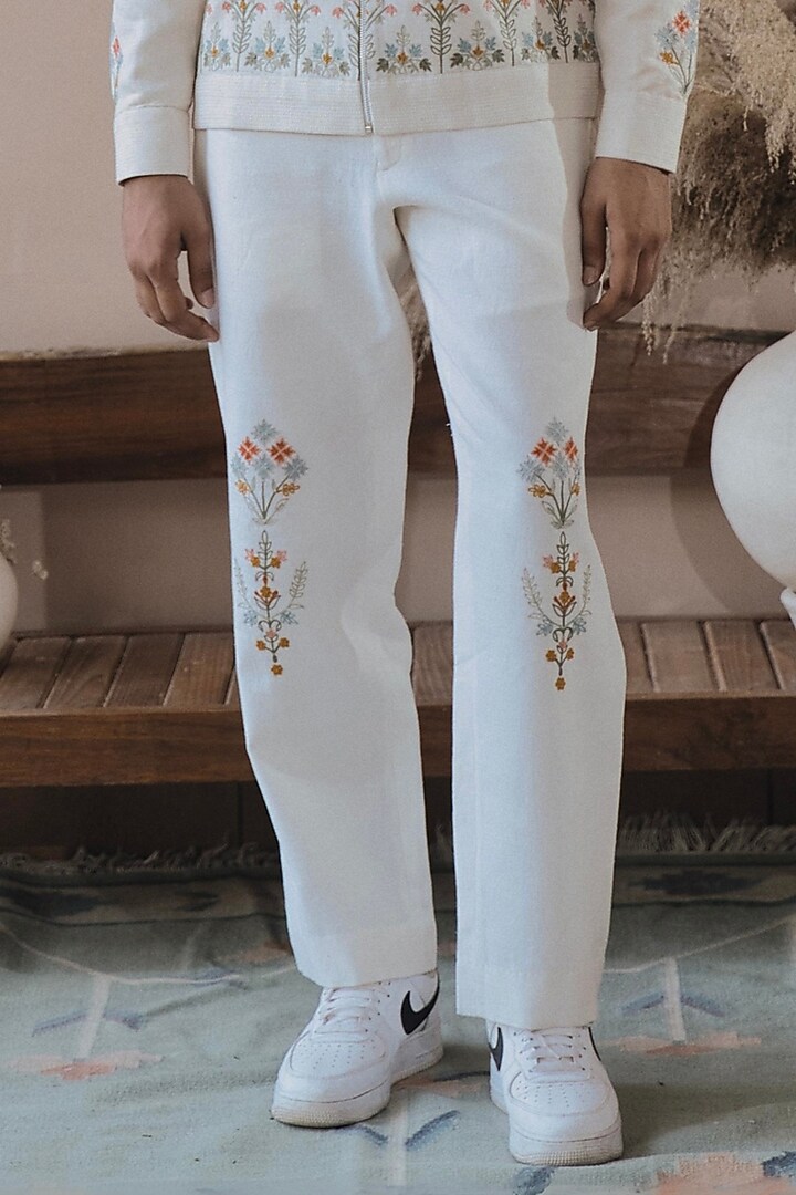 Ivory Monga Silk Embroidered Pants by SARAN KOHLI at Pernia's Pop Up Shop