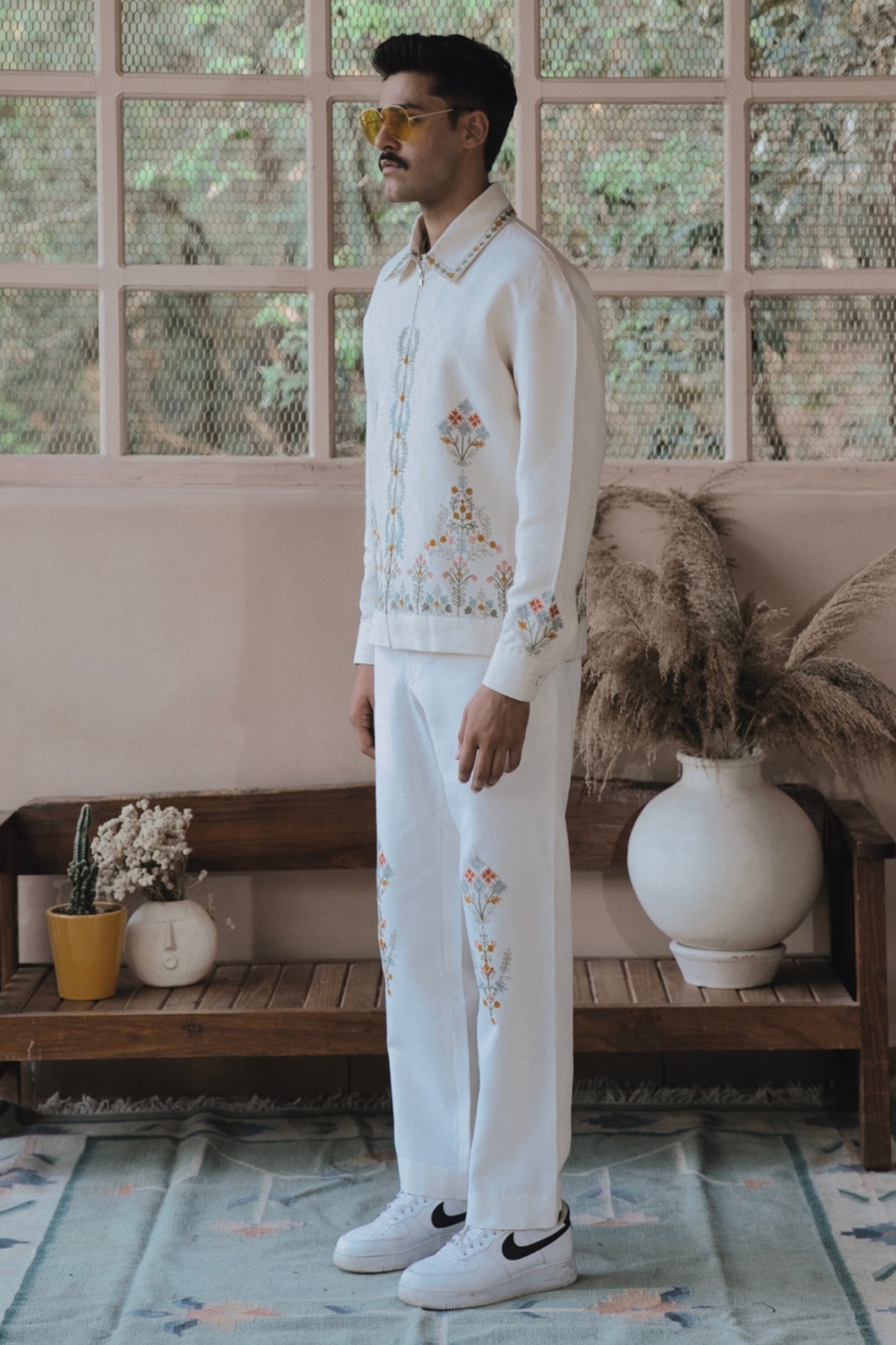 Ivory Monga Silk Embroidered Pants by SARAN KOHLI at Pernia's Pop