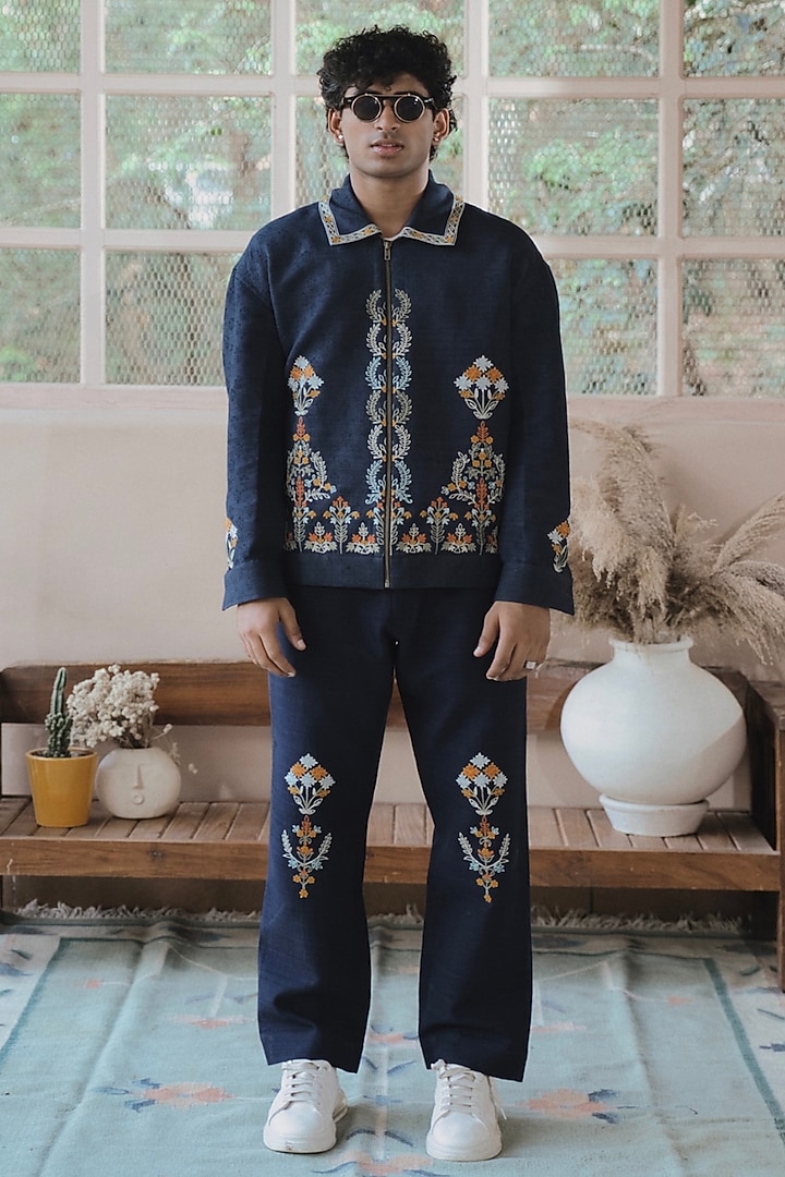 Navy Blue Monga Silk Embroidered Jacket by SARAN KOHLI at Pernia's Pop Up Shop