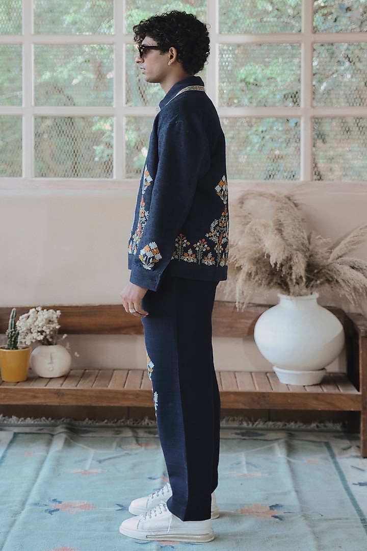 Navy Blue Monga Silk Embroidered Jacket by SARAN KOHLI at Pernia's Pop Up Shop