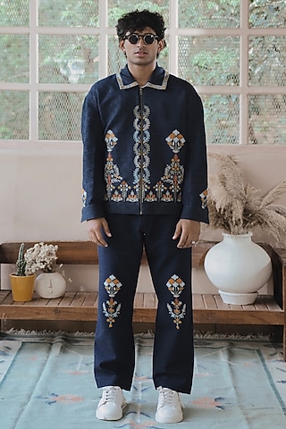 Navy Blue Monga Silk Embroidered Pants by SARAN KOHLI