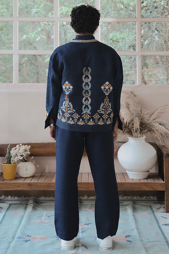 Navy Blue Monga Silk Embroidered Pants by SARAN KOHLI at Pernia's Pop Up Shop
