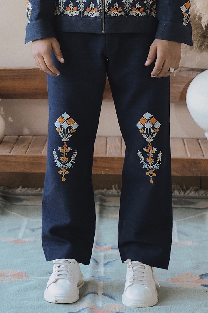 Navy Blue Monga Silk Embroidered Pants by SARAN KOHLI at Pernia's Pop Up Shop