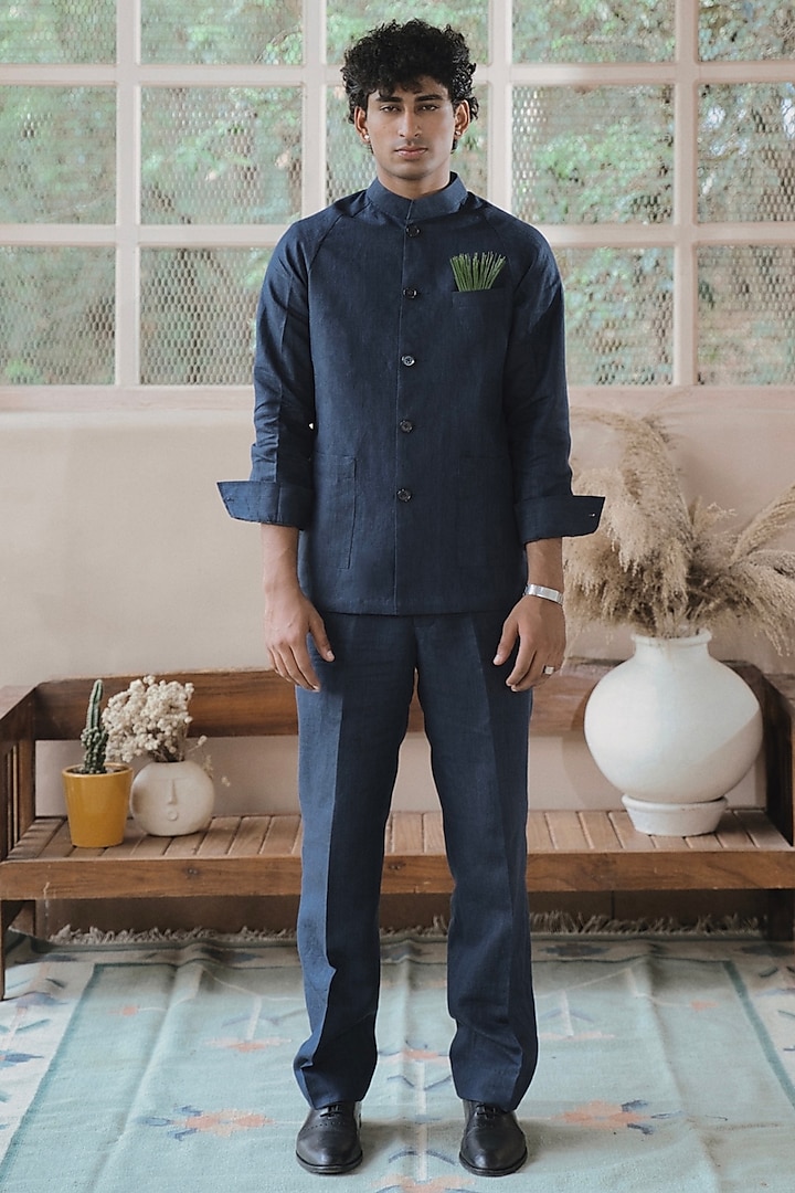 Navy Blue Linen Bandhgala Set by SARAN KOHLI