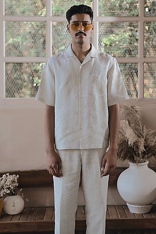 Beige Italian Linen Thread Embroidered Shirt by SARAN KOHLI