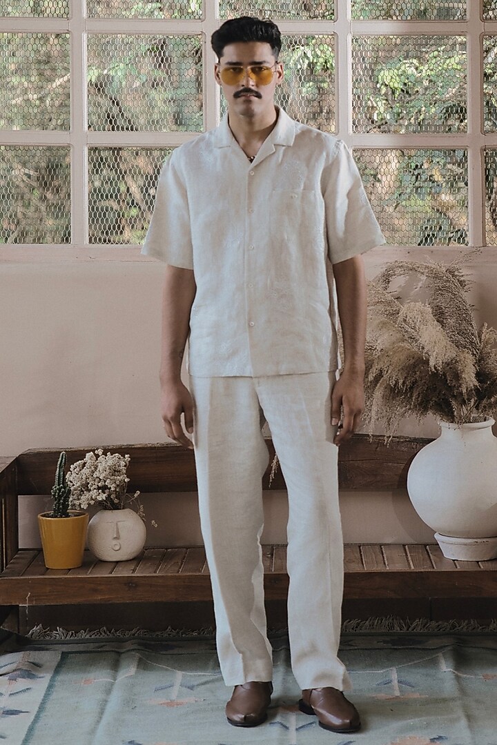 Beige Italian Linen Thread Embroidered Party Wear Shirt by SARAN KOHLI at Pernia's Pop Up Shop