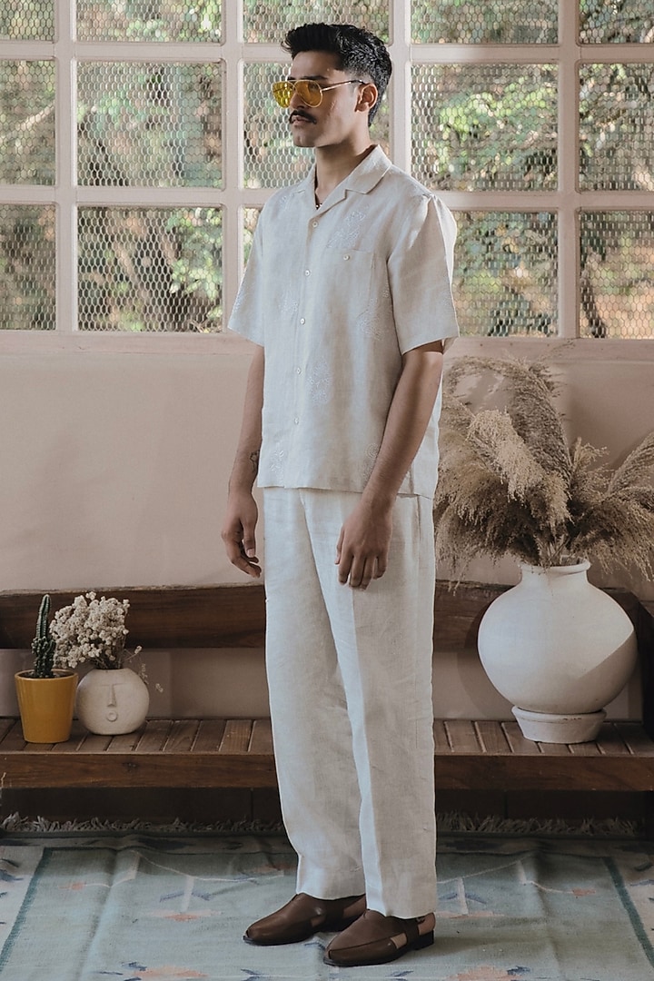 Beige Italian Linen Thread Embroidered Party Wear Shirt by SARAN KOHLI at Pernia's Pop Up Shop