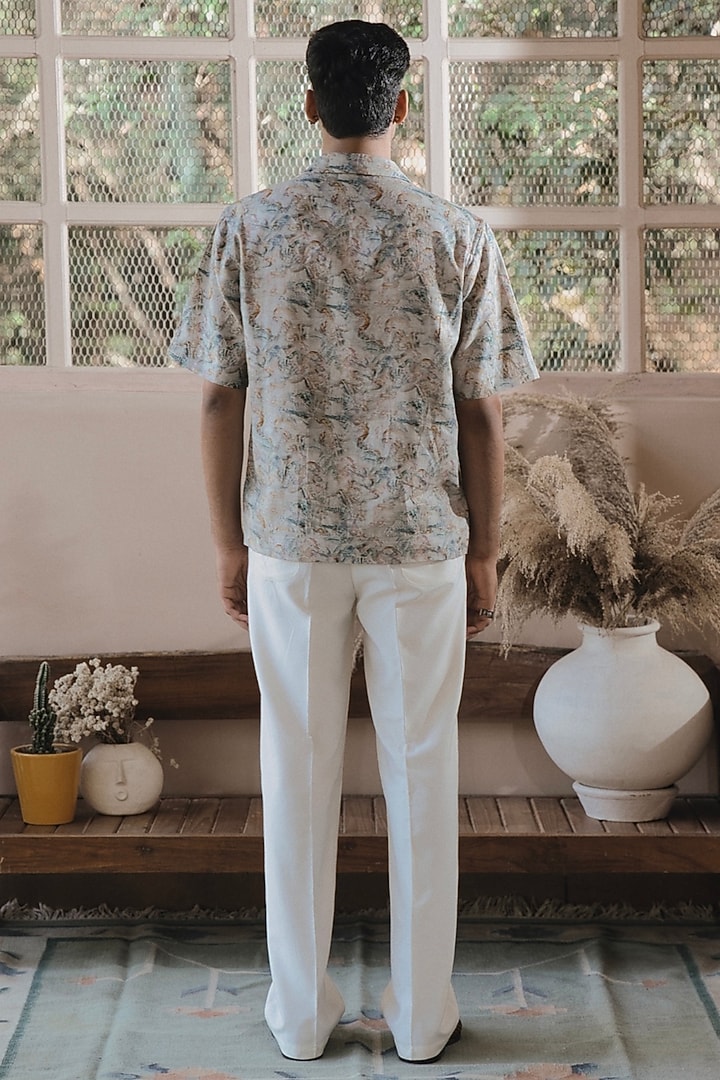 Beige Italian Linen Digital Printed Party Wear Shirt by SARAN KOHLI at Pernia's Pop Up Shop