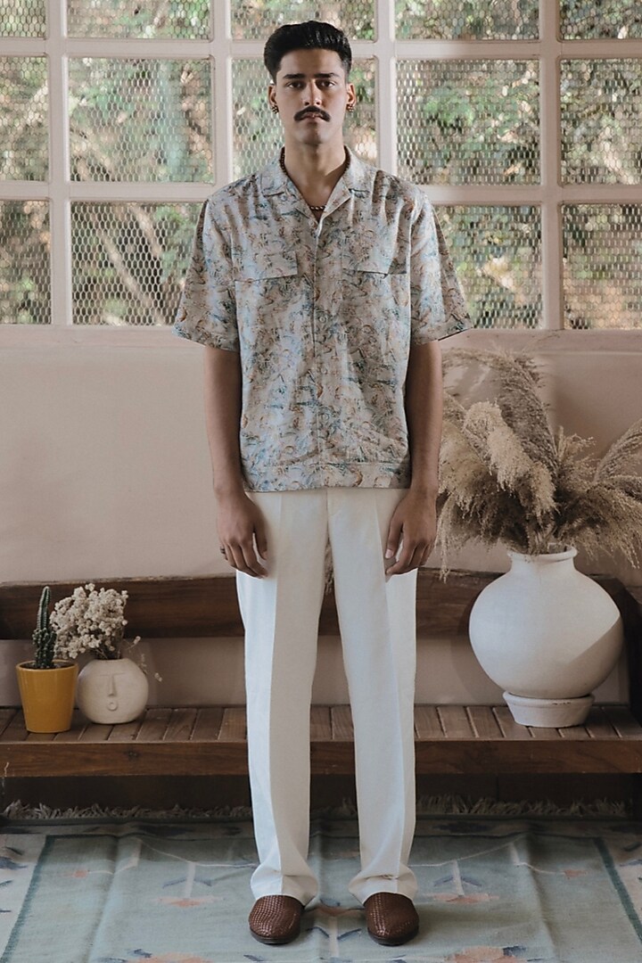 Beige Italian Linen Digital Printed Party Wear Shirt by SARAN KOHLI at Pernia's Pop Up Shop