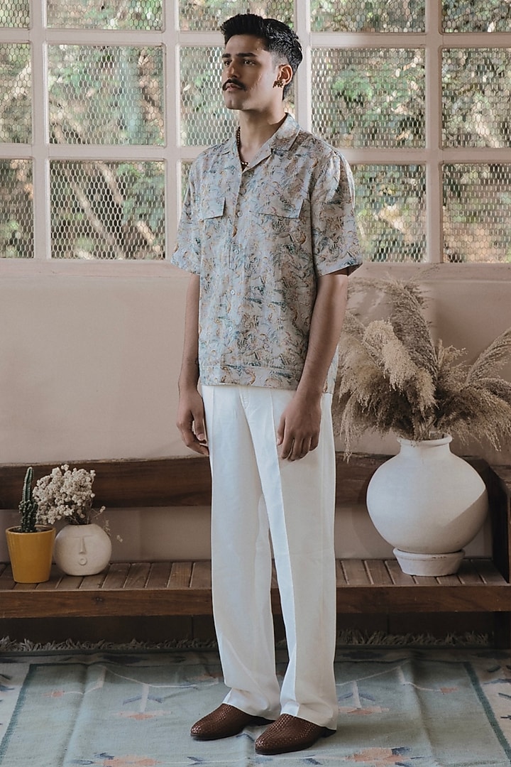 Beige Italian Linen Digital Printed Party Wear Shirt by SARAN KOHLI at Pernia's Pop Up Shop