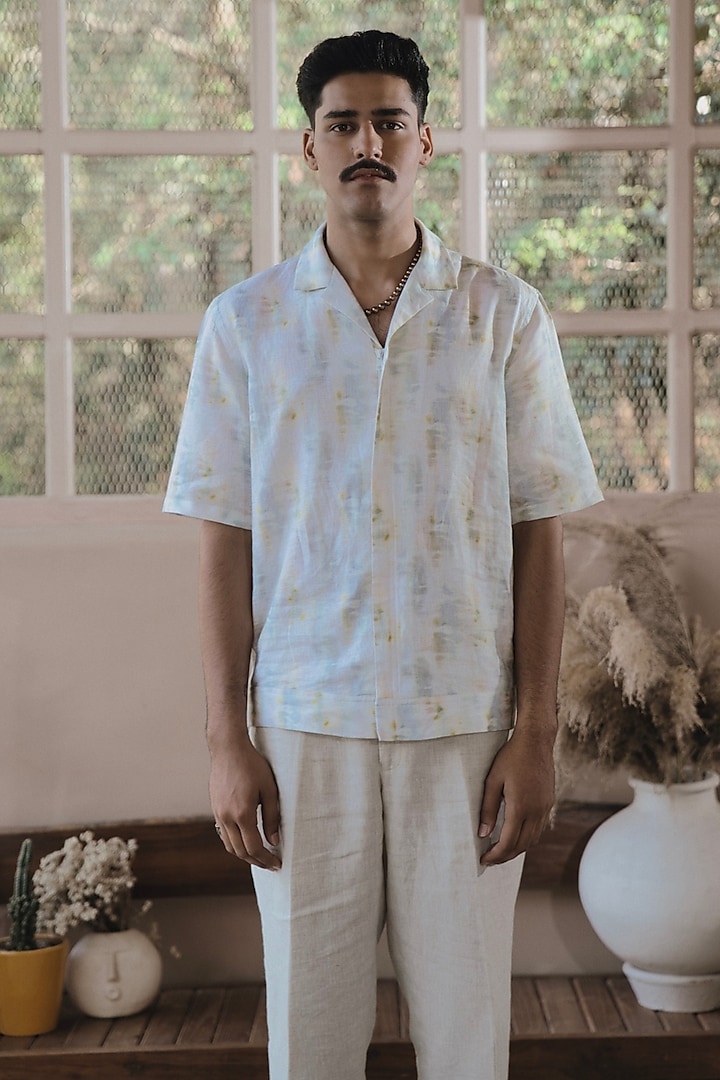 Ivory Italian Linen Digital Printed Shirt by SARAN KOHLI