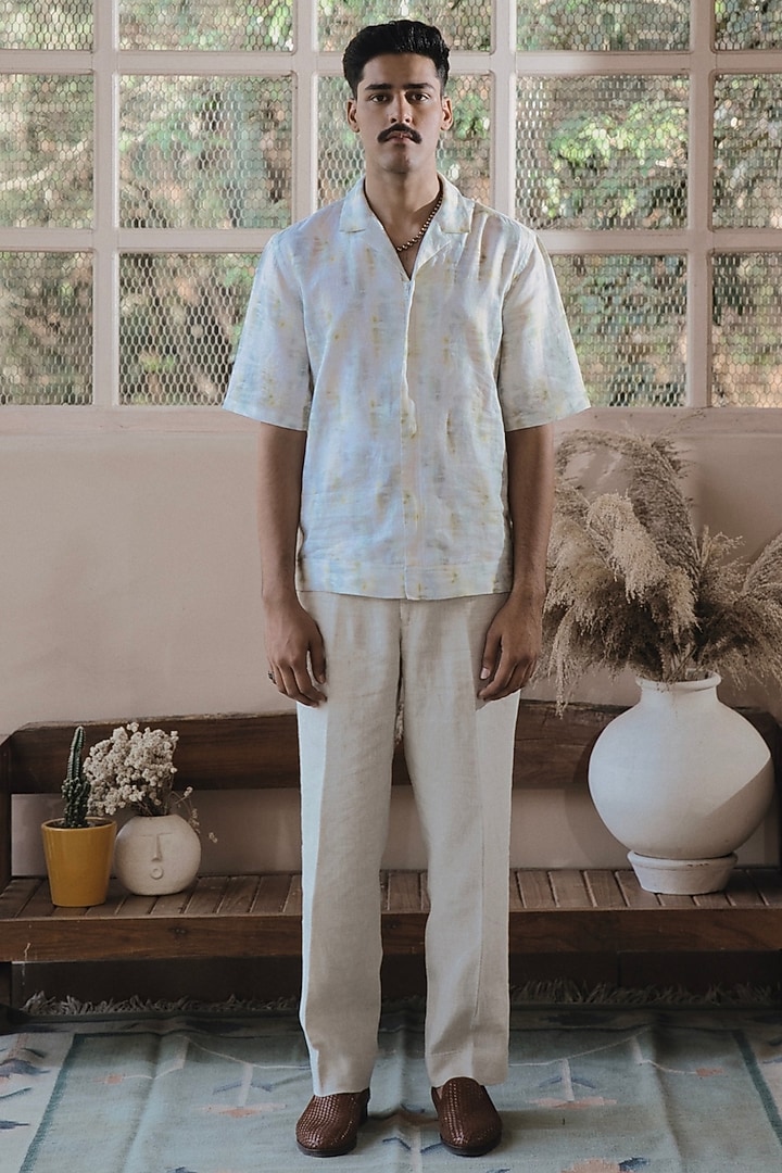 Ivory Italian Linen Digital Printed Party Wear Shirt by SARAN KOHLI at Pernia's Pop Up Shop