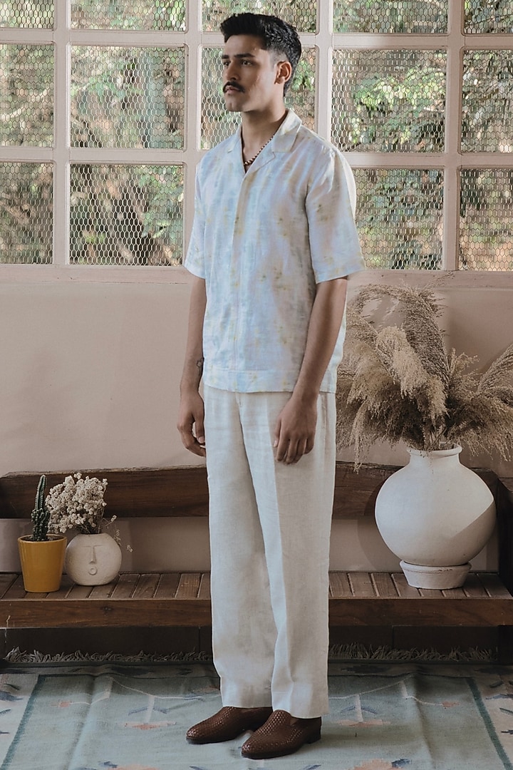 Ivory Italian Linen Digital Printed Party Wear Shirt by SARAN KOHLI at Pernia's Pop Up Shop