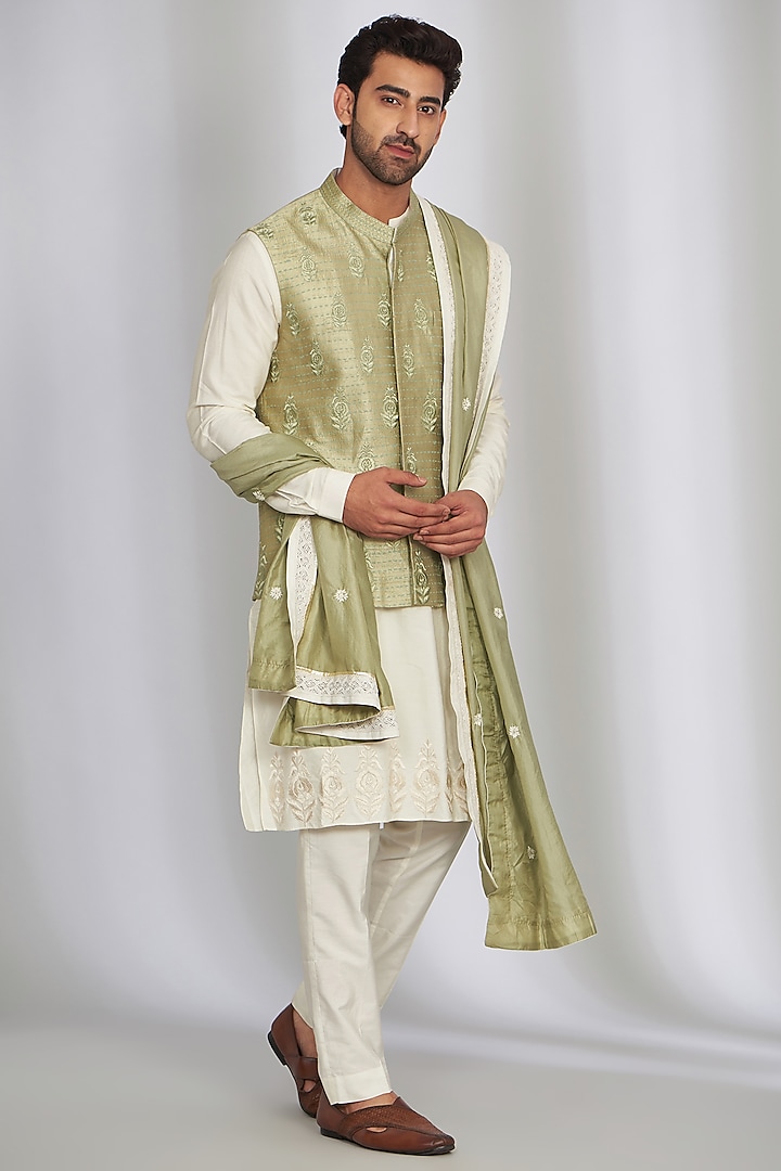 Sage Green Matka Silk Printed & Embroidered Bundi Jacket Set by SARAN KOHLI