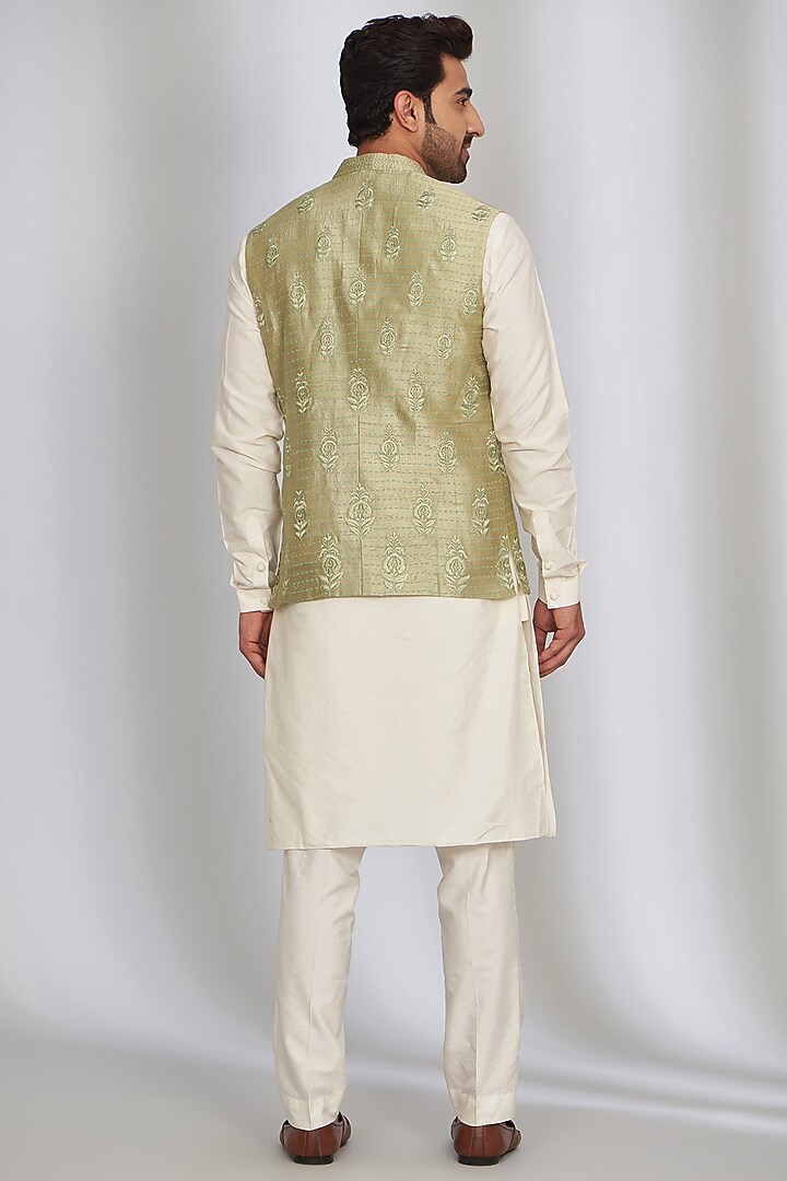 Sage Green Matka Silk Printed & Embroidered Bundi Jacket Set by SARAN KOHLI at Pernia's Pop Up Shop