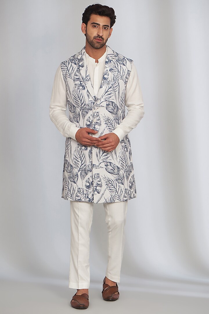 White French Jacquard Printed Wedding Indowestern Set by SARAN KOHLI at Pernia's Pop Up Shop