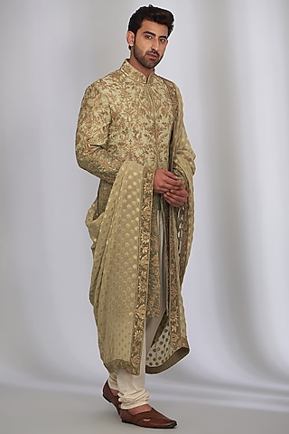 Green Pure Silk Embroidered Sherwani Set by SARAN KOHLI