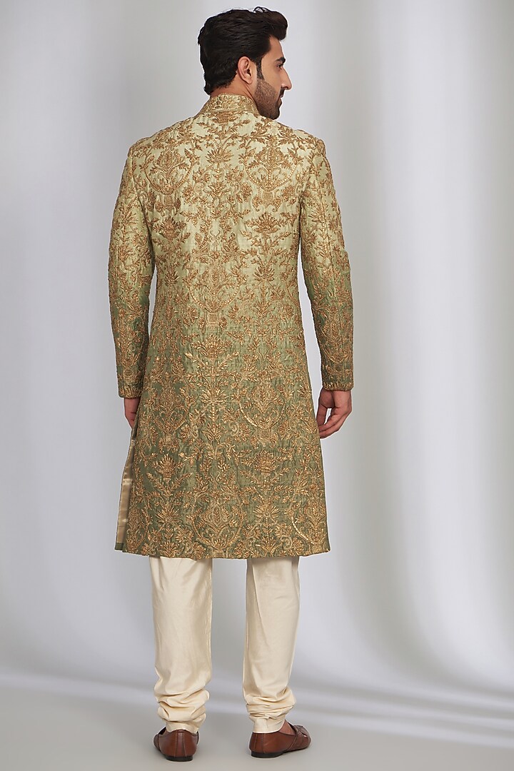 Green Pure Silk Embroidered Groom Sherwani Set by SARAN KOHLI at Pernia's Pop Up Shop