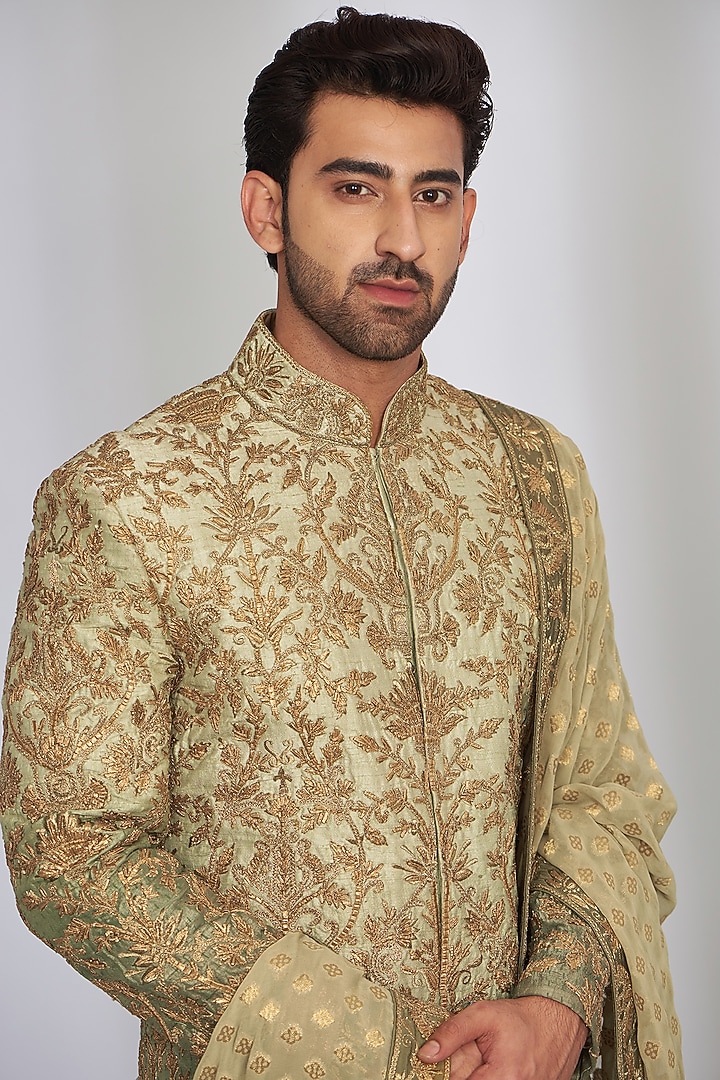 Green Pure Silk Embroidered Groom Sherwani Set by SARAN KOHLI at Pernia's Pop Up Shop