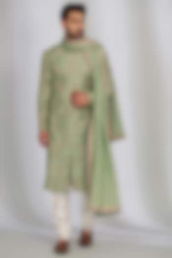 Sage Green Matka Silk Embroidered Sherwani Set by SARAN KOHLI