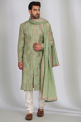 Sage Green Matka Silk Embroidered Sherwani Set by SARAN KOHLI