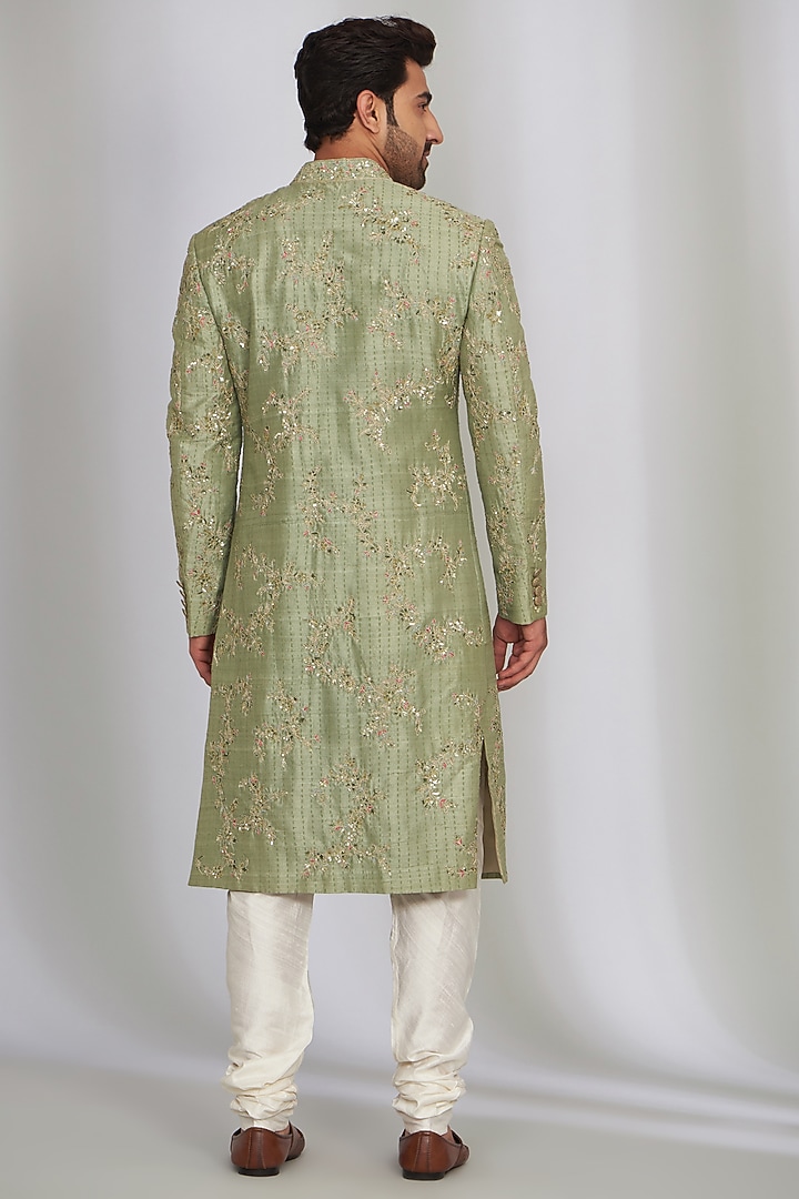 Sage Green Matka Silk Embroidered Groom Sherwani Set by SARAN KOHLI at Pernia's Pop Up Shop