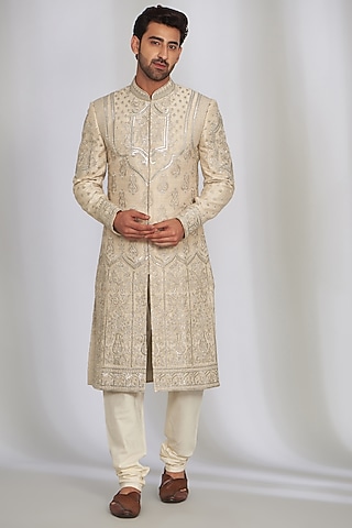 Ivory Matka Silk Printed & Embroidered Sherwani Set by SARAN KOHLI