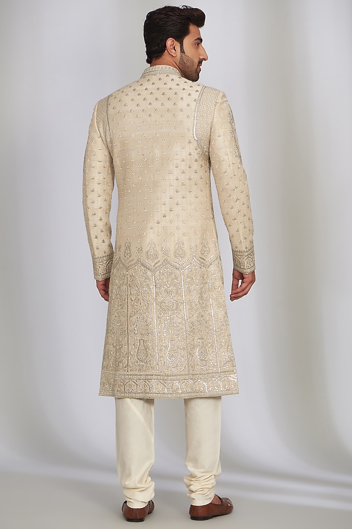 Ivory Matka Silk Printed & Embroidered Groom Sherwani Set by SARAN KOHLI at Pernia's Pop Up Shop