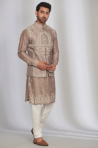 Light Brown Silk Printed & Embroidered Bundi Jacket Set by SARAN KOHLI