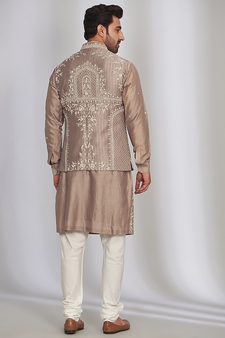 Light Brown Silk Printed & Embroidered Bundi Jacket Set by SARAN KOHLI at Pernia's Pop Up Shop