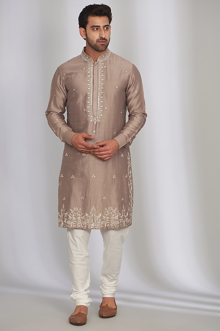 Light Brown Silk Printed & Embroidered Bundi Jacket Set by SARAN KOHLI at Pernia's Pop Up Shop