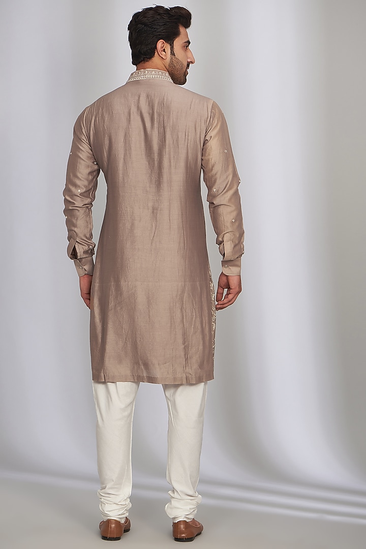 Light Brown Silk Printed & Embroidered Bundi Jacket Set by SARAN KOHLI at Pernia's Pop Up Shop