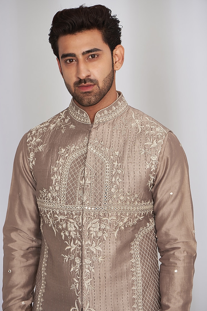 Light Brown Silk Printed & Embroidered Bundi Jacket Set by SARAN KOHLI at Pernia's Pop Up Shop