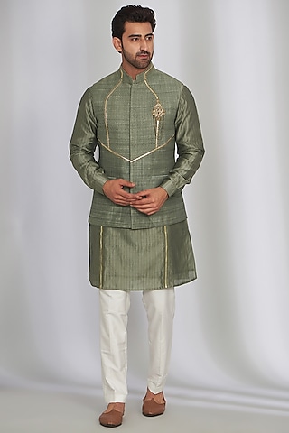 Sage Green Raw Silk Thread Work Bundi Jacket Set by SARAN KOHLI